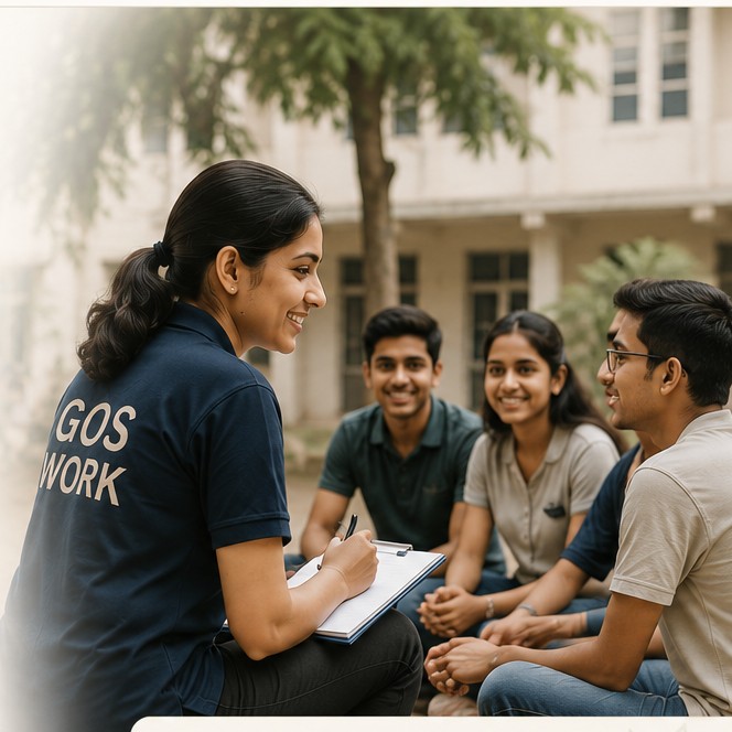 A GOS Work volunteer in conversation with students