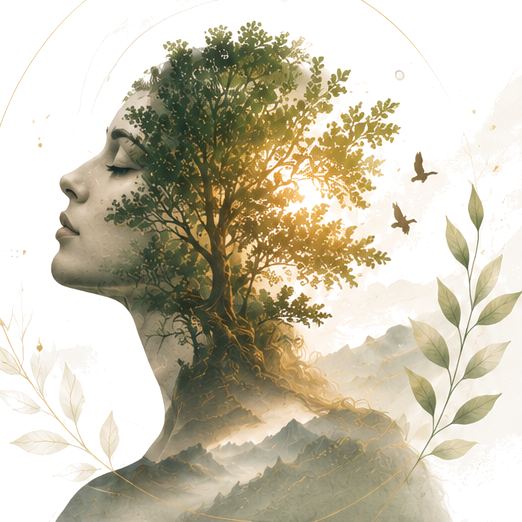 A silhouette of a woman filled with forest imagery — trees, birds, and light