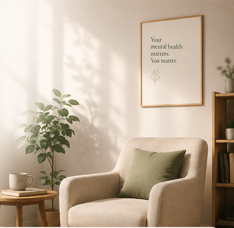 A calm, softly lit therapy room